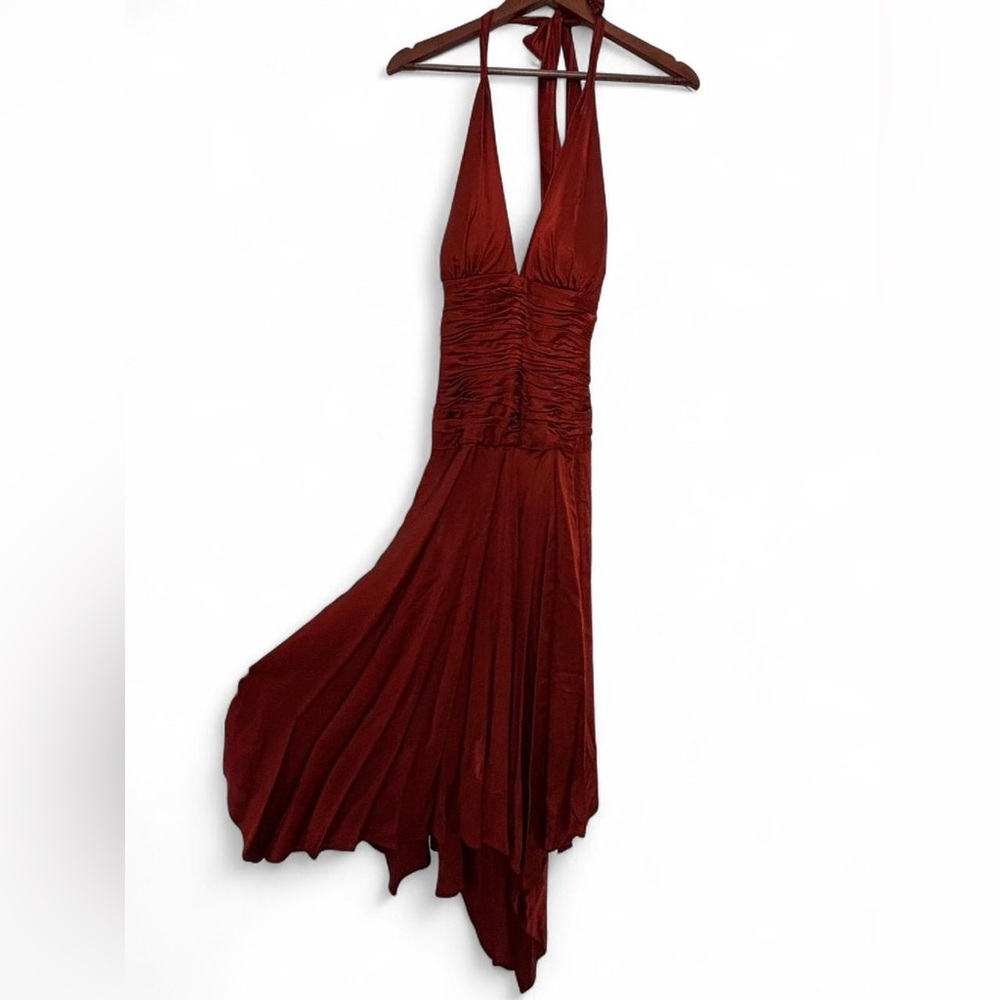 Deadstock Vintage Cache Silk Halter Ruched Dress, Size 8, Burnt Orange, 90s